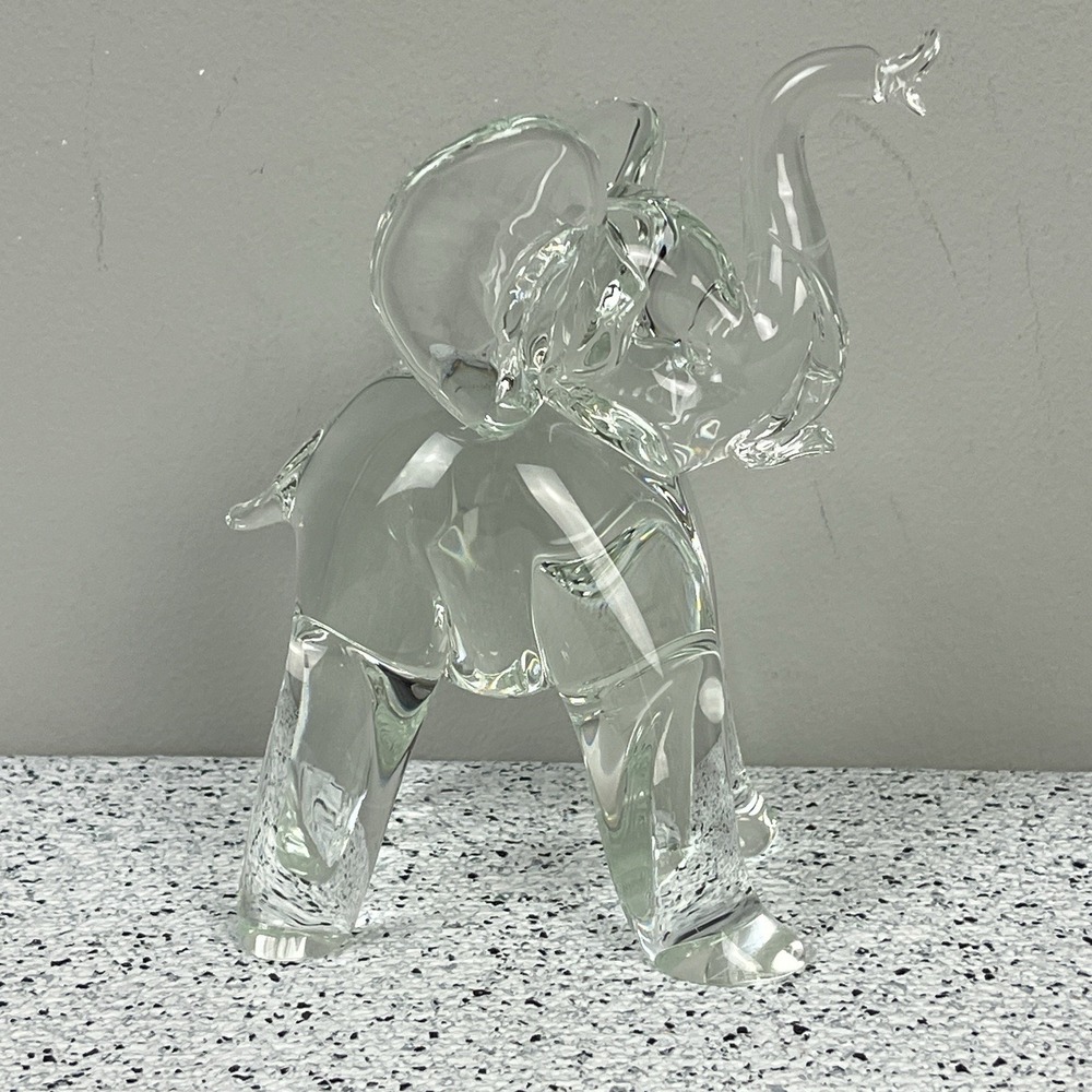 Hand Blown Clear‎ Glass Elephant Figurine Decor Chunky Trunk Up